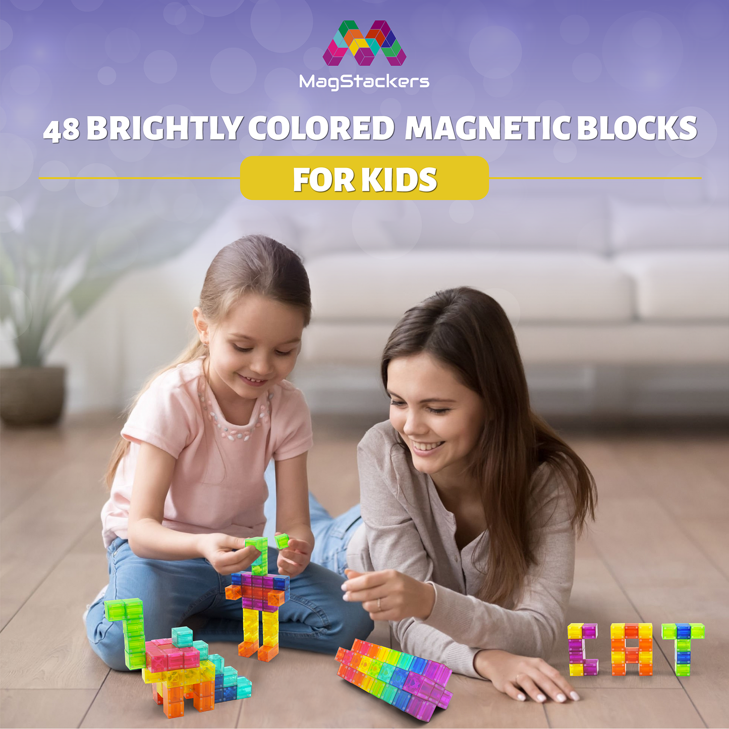 48 Piece Magnetic Building Blocks - Magnet Blocks Montessori STEAM Toys - cubes