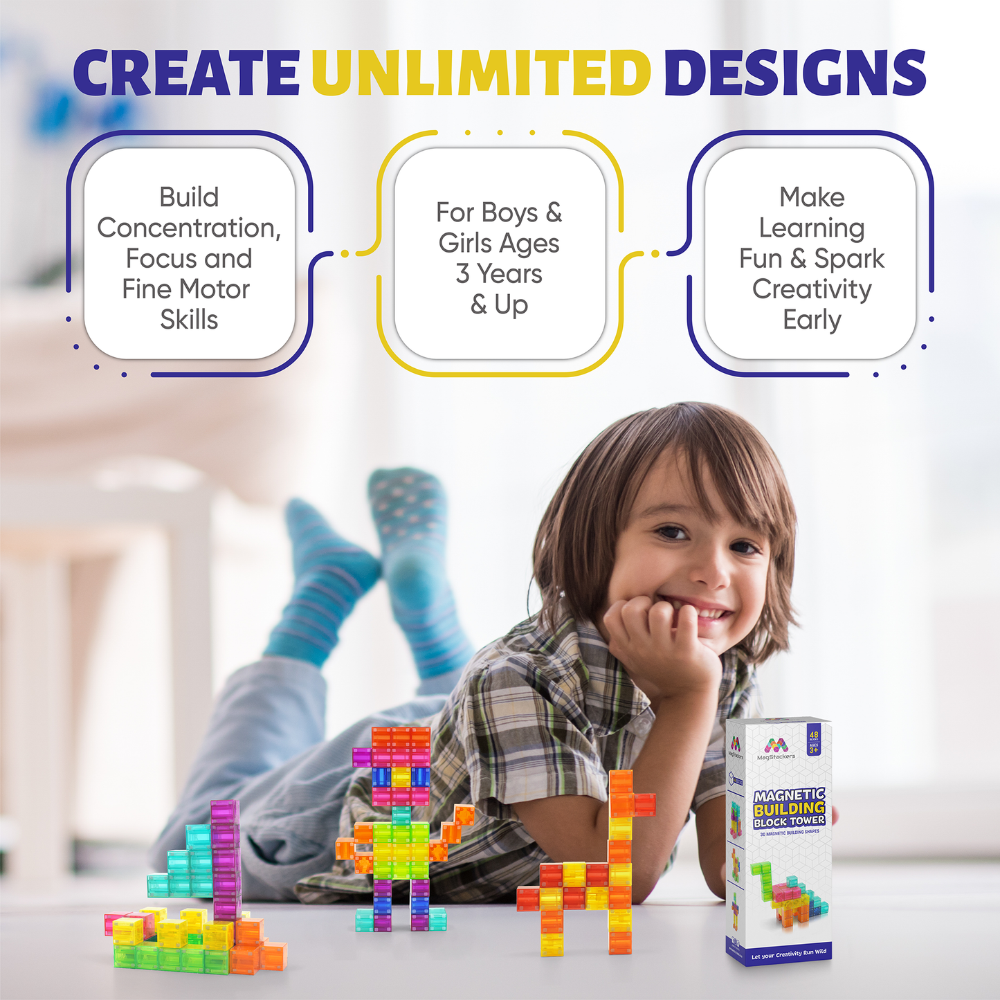 48 Piece Magnetic Building Blocks - Magnet Blocks Montessori STEAM Toys - cubes