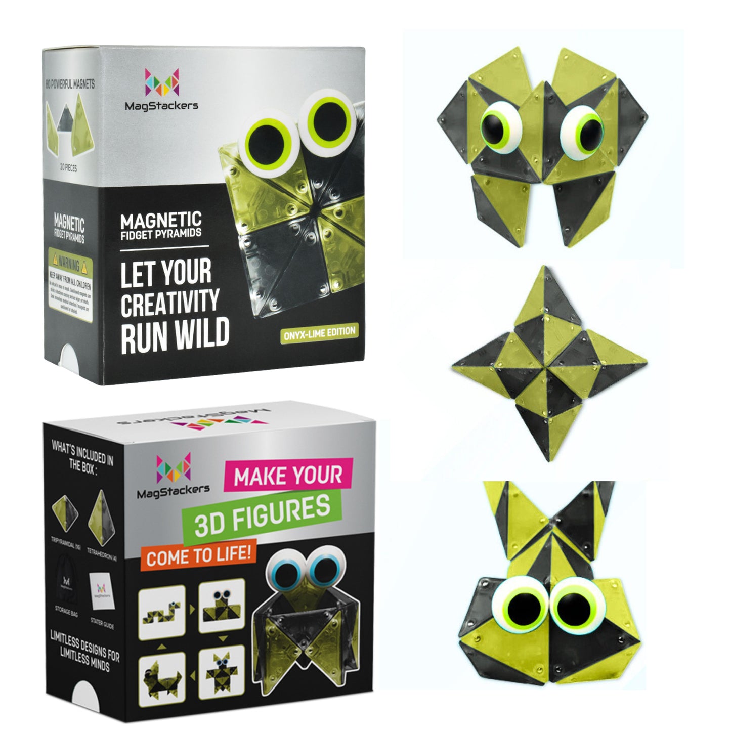 MagStackers - Magnetic Building Pyramids - Onyx/Lime