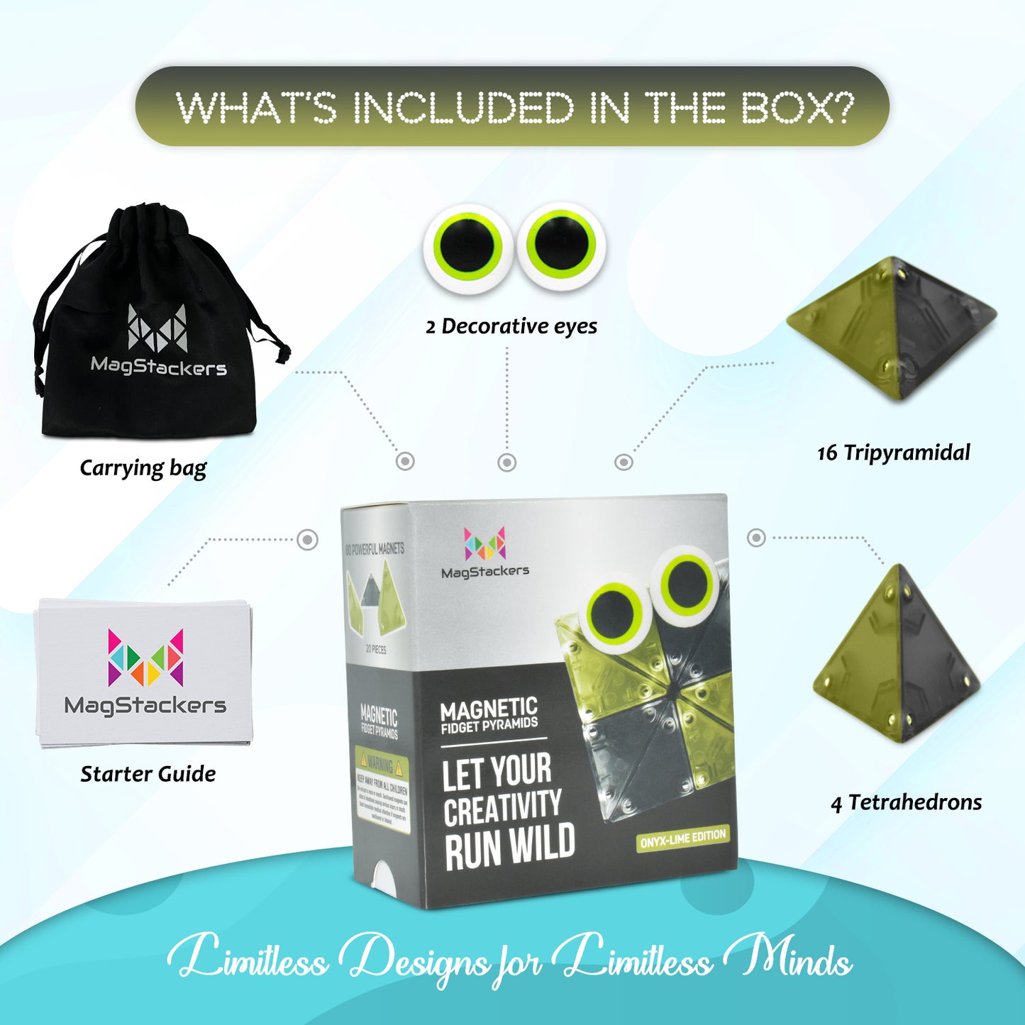 MagStackers - Magnetic Building Pyramids - Onyx/Lime