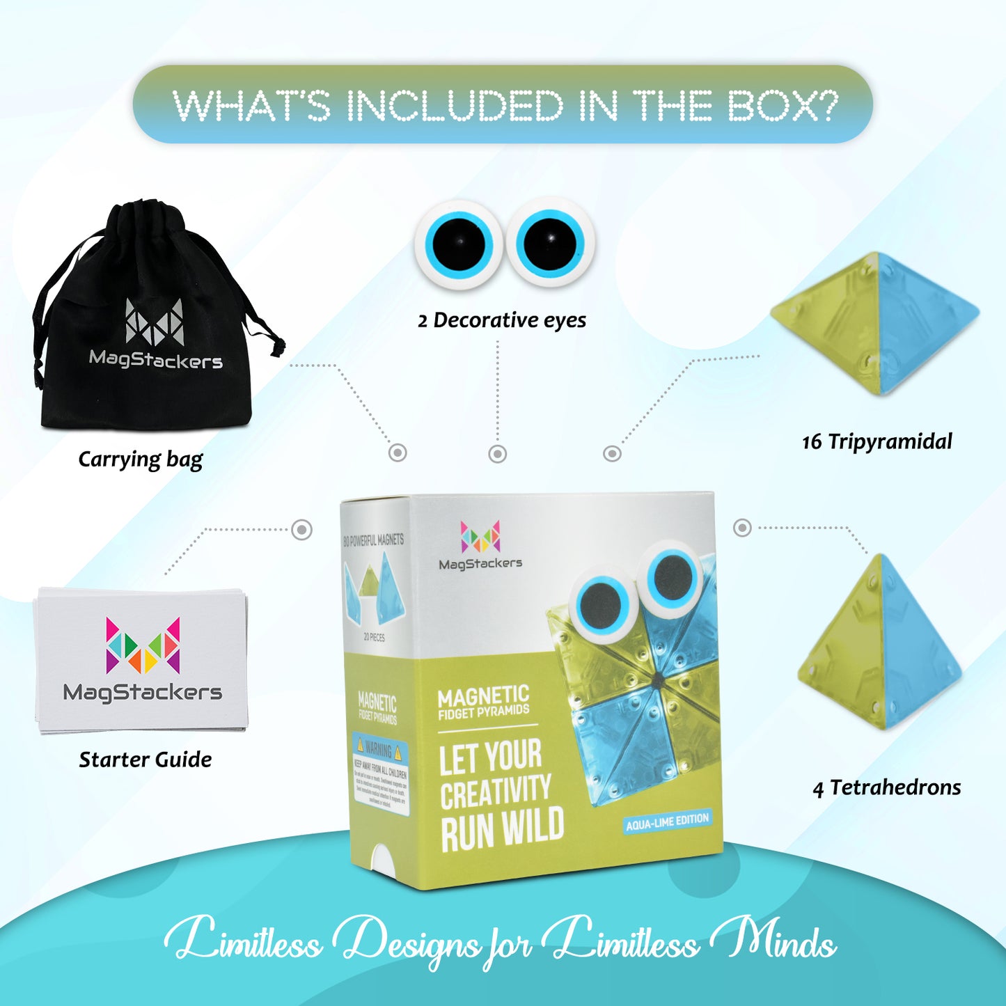 MagStackers - Magnetic Building Pyramids - Aqua-Lime