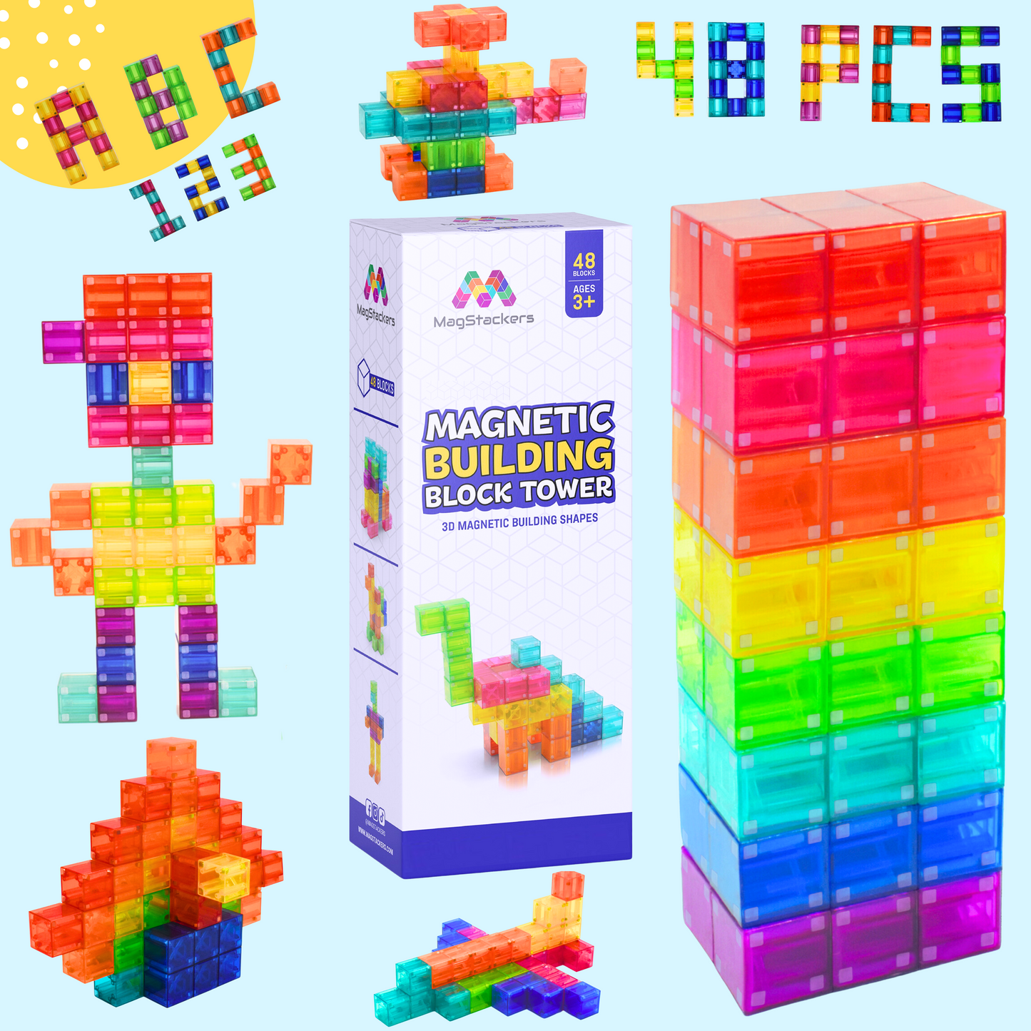 48 Piece Magnetic Building Blocks - Magnet Blocks Montessori STEAM Toys - cubes